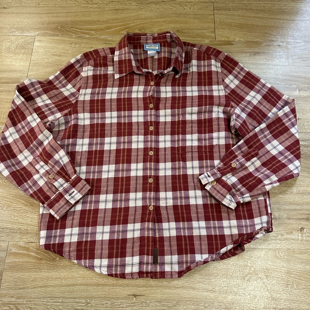Pendleton Shirt Womens Large Red Tan Plaid Flannel Long Sleeve Button Up Cotton